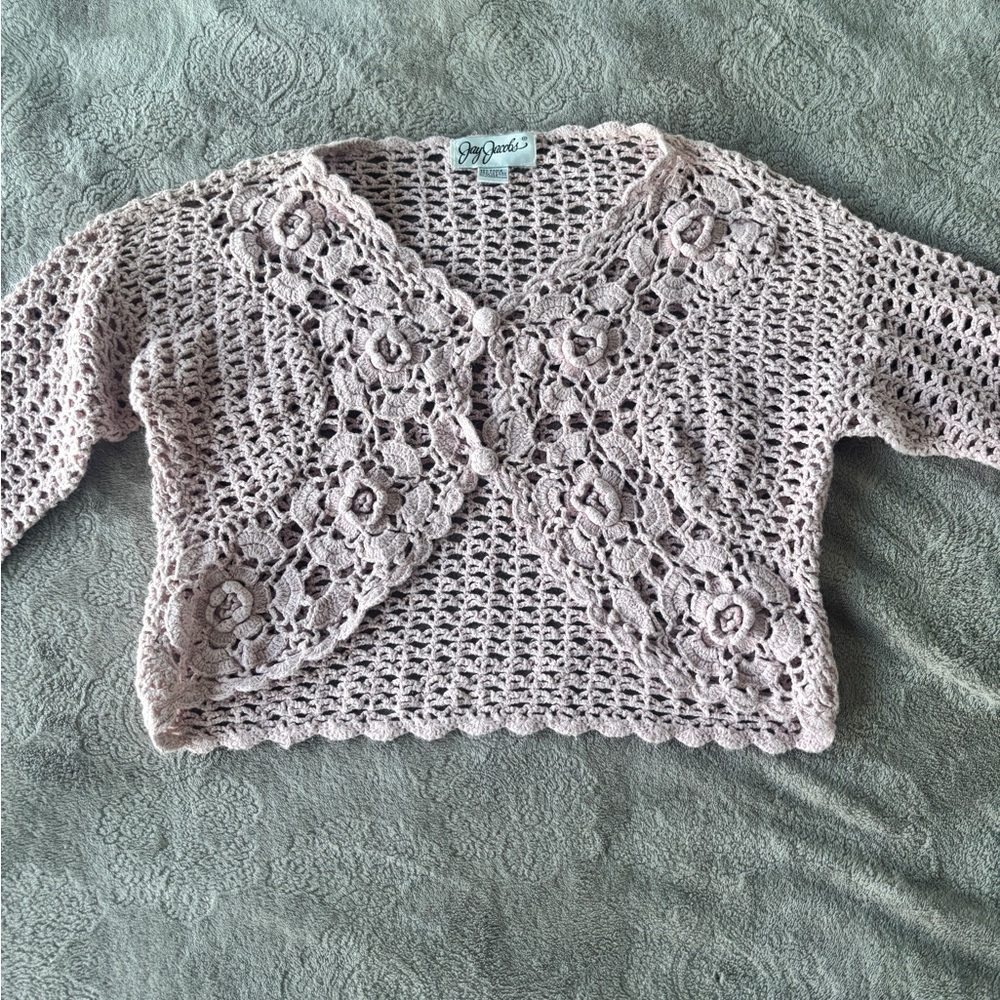 Women's Vintage Crocheted Floral Open-Front Sweater - Blush